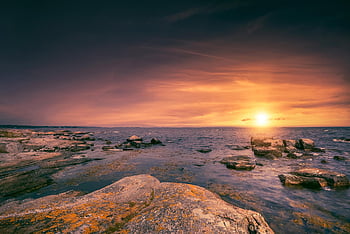 sunset, nature, sea, rocks, coast, sun, sunlight, horizon, sweden, blekinge, sky