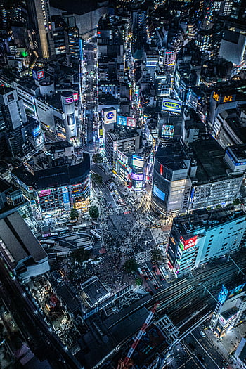 letecký pohled, shibuya, Tokio, Japonsko, noc, panoráma města, městský, mrakodrapy, neonová světla, přechod pro chodce, provoz
