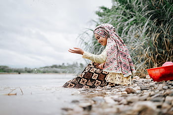 woman, hijab, smile, rocks, river, bank, river Bank, female Model, asian Model, muslim Girl, model