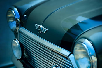 Vintage Mini Cooper, merapatkan, Desain klasik, Detail Chrome, tampak depan, mobil, kisi, lampu depan, lambang, otomotif, retro