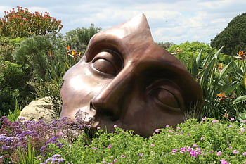 Bronzegesichtskulptur, lebendiger Garten, verschiedene Blumen, Kapstadt, Kunst im Freien, Naturkunst, Blumenumgebung, Künstlerische Landschaft, Öffentliche Skulptur, Gartenkunst, Bronzefigur
