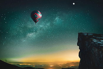 montgolfière, étoiles, falaise, ballon, ciel étoilé, ciel de nuit, la nature, lune, composite, fantaisie, ciel