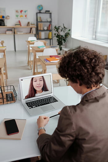 učitel, student, laptop, Online lekce, videohovor, moderní vzdělávání, třída, vzdělávání, online učení, video konference, e-learning