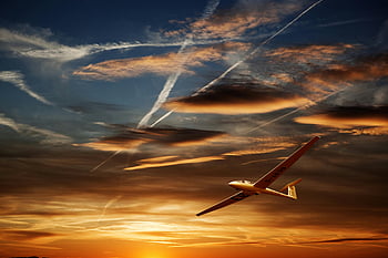 glider, airplane, golden hour, sunset, flight, serenity, dramatic sky, soaring, aviation, nature, tranquility