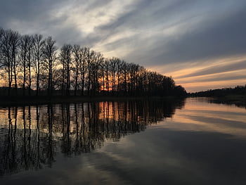 jezero, západ slunce, voda, nebe, Příroda, krajina, odraz, slunce, řeka, svítání, strom