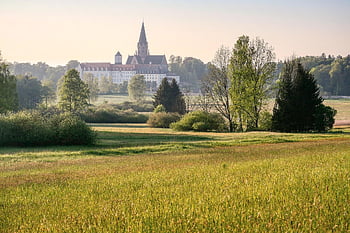 klášter, kostel, St Ottilien, bavaria, benediktin, stromy, louka, Příroda, pole, opar, jaro