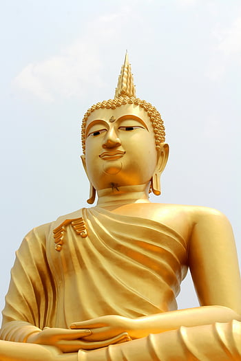gautama buddha, zlatá socha Buddhy, klidná modrá obloha, mír, duchovno, majestátní socha, zlatá socha, Buddha, modrá obloha, symbol spirituality, symbol míru