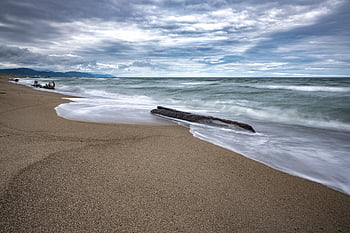 ocean, waves, sand, coast, driftwood, cloudy Sky, nature, japan Sea, landscape, yamagata Prefecture, japan