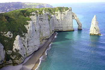 Étretat cliffs, Normandy, France, limestone formations, seashore, aerial view, scenic, beach, tranquil seascape, rock cliff, Étretat beach