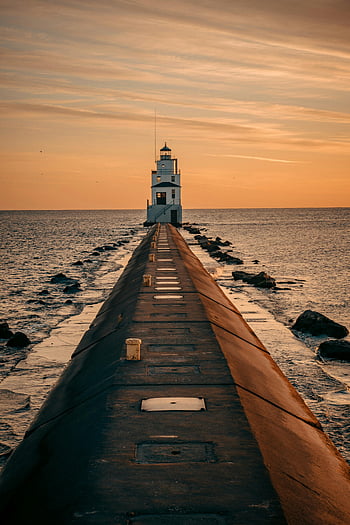 φάρος, χρυσή ώρα, Lighthouse Manitowoc Breakater, η δυση του ηλιου, wisconsin, ήσυχος ωκεανός, ζεστός ουρανός, αποβάθρα, κυματοθραύστης, παραθαλάσσια τοπία, γραφική θέα
