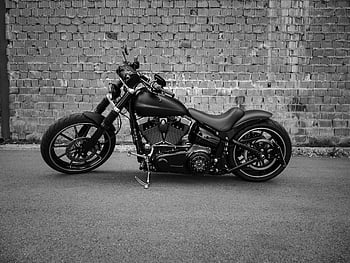gråtonebillede, cruiser motorcykel, parkeret på vej, sort og hvidt billede, motorcykel, murstens væg, vintage motorcykel, gadescene, bymæssige omgivelser, tohjuler, klassisk cykel