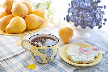 お茶、 ビスケット、 ティーカップ、 静物、 クッキー、 洋ナシ、 フルーツ、 茶碗、 カップ、 ドリンク、 飲み物