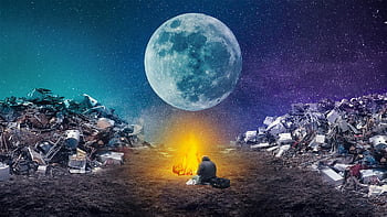 junkyard, campfire, moon, homeless, stars, landfill, nature, sky, universe, space, junk