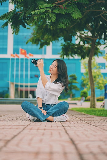 žena, Modelka, usměj se, Fotoaparát, krása, Vietnam, portrét, Krásná, modrý, bílý, pocit
