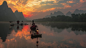 cormorant Fishermen, sunrise, red Sky, reflection, guilin, yangshuo, china, li River, glow, morning, landscape