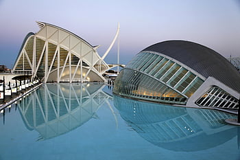 futuristické architektury, bílá architektonická budova, Klidný bazén, Odraz soumraku, moderní design, valencia, Španělsko, město umění a věd, santiago calatrava, Architektonický zázrak, městské krajiny