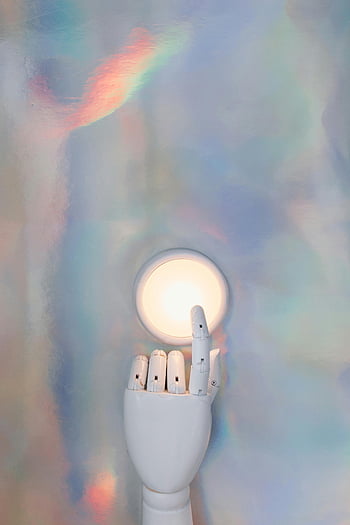robotic hand, glowing circle, pastel abstract background, advanced technology, artificial hand, light, futuristic design, robotic technology, abstract art, modern art, innovation