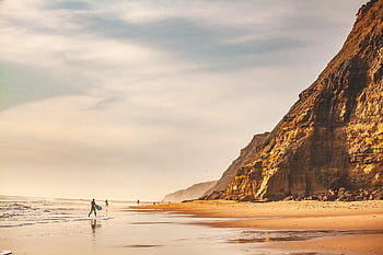 beach, sand, surf, surfers, surfboard, cliffs, mountains, erosion, waves, surfer, people