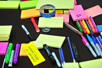sticky notes, colored pens, office supplies, desk, markers, colorful assortment, scrambled, table, sharpies, post-it notes, tape