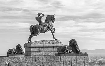 Rhodes Memorial Statue, black and white, rider statue, Cape Town, South Africa, lion statues, historical monument, outdoor sculpture, monochrome image, landmark, art installation