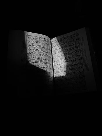 heliga Koranen, solljus, svartvitt, Öppna Koranen, skugga, elegant bild, religiös text, Islamisk skrift, andlig bok, helig bok, gudomligt ljus