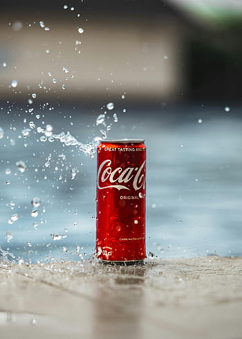 Coca-Cola, refreshing, can, splashing, water, dynamic, refreshment, carbonated, soft, drink