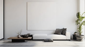 oturma odası, minimalizm, kurmak, modern mobilya, duvar dekorasyonu, boş tuval, kanepe yastıkları, bitkiler, iyi hissettiren atmosfer, ahşap tepsi, dekorasyon
