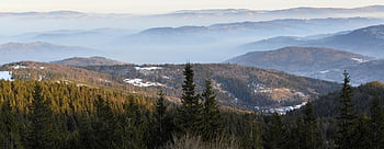 panoráma, hory, ráno, beskids, mlha, zimní, Polsko, Příroda, nebe, les, stromy
