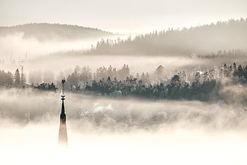 zimní, kostel, mlha, mraky, stromy, lesy, les, krajina, Příroda, opar, mlhavé