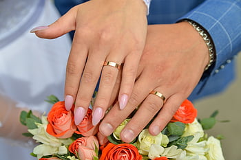 hands With Rings, just Married, wedding Rings, bridal Bouquet, manicure, love, wedding, bride And Groom, happiness, couple, marriage