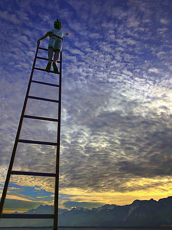 statue, ladder, lake, nature, child, hand, sky, clouds, evening, sunset, leman