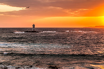 hav, fyr, solnedgång, skymning, natur, vild natur, sardinien, vatten, stenig kust, ö, Italien