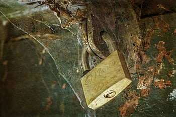 zlatý visací zámek, pavučiny, rezavý povrch, Podrobný výstřel, Vintage zámek, ve věku kovu, starožitný visací zámek, zvětralá textura, detail, starý zámek