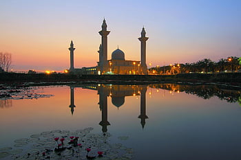 White Mosque, Islamic architecture, sunset reflection, lake view, beautiful mosque, minarets, dome structure, tranquil scene, evening lights, water lilies, serene landscape
