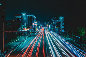 time-lapse, roadway, evening, dynamic, long exposure, city road, night, colorful light trails, urban scene, traffic trails, night photography