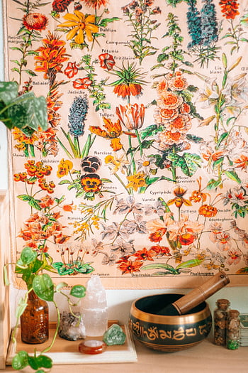 affiche botanique vintage, fleurs vibrantes, cristaux de guérison, bol sonore, décoration murale, art floral, guérison de cristal, thérapie par le son, illustration botanique, décor d'intérieur, art sur le thème des plantes