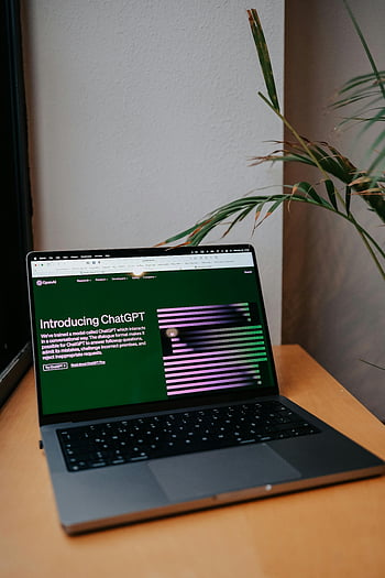 laptop, ChatGPT, AI technology, modern AI, daily use, laptop display, ChatGPT interface, desk setup, computer screen, work environment, plant decor