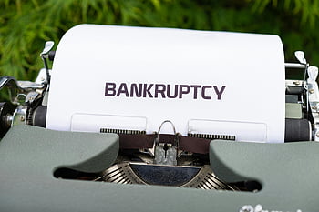 skrivemaskine, konkurs, papir, tæt på, grønne, hvidt papir, sort tekst, finansielle krise, konkurs koncept, udendørs indstilling, vintage skrivemaskine