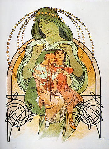 Alphonse Mucha, Art Nouveau, Ilsee, Princesse de Tripoli, 1897, resolusi tinggi, pin-up, ilustrasi, wanita, anak, bintang