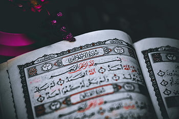Arabische Schrift, Koran, offenes Buch, kompliziertes Skript, Verzierter Design, Nahansicht, Arabische Kalligraphie, religiöser Text, islamische Kunst, heiliges Buch, ausführliches Skript