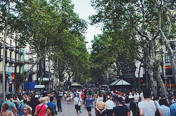 barcelona utca, emberek séta, zöld leveles fák, fehér felhős ég, nappali városi élet, élénk utca, Barcelona városi jelenet, utcai fák, városi élet, Barcelonai emberek, nappali utca