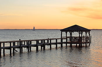 pier, pavilion, wood, water, sunset, nature, catamaran, sky, calm
