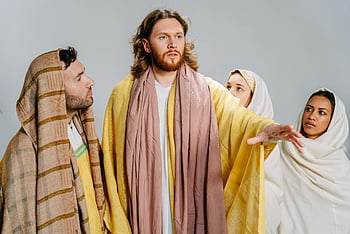 biblical scene, diverse group, religious themes, people looking, man in robe, Jesus portrayal, traditional themes, robe-clad figure, spiritual imagery, religious art, biblical imagery
