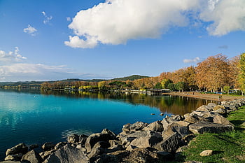 jezero, Příroda, lodí, přístav, podzim, žluté listy, voda, xanh Da Trời, Mùa Čt, Nuc, smět