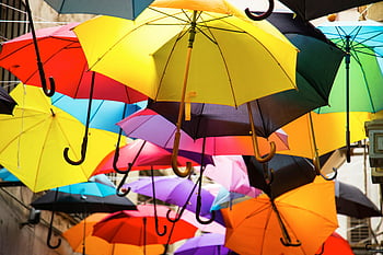 colorful umbrellas, vibrant display, outdoor suspension, lively atmosphere, assorted colors, bright umbrellas, decorative umbrellas, outdoor decoration, colorful canopy, festive umbrellas, umbrella art
