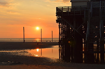 sunset, sea, beach, coast, dusk, st, peter-ording, stilt Houses, schleswig-holstein, vacations, summer