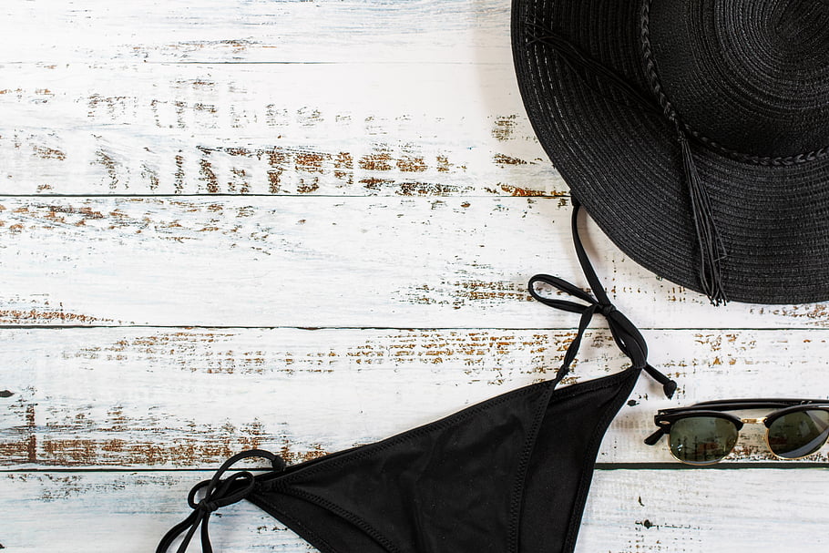 summer, apparel, flat lay, bikini, swimsuit, sunglasses, hat, beach, wood, grain, texture