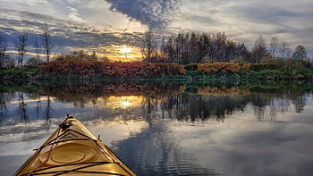 kajak, řeka, západ slunce, podzim, les, wisla, Polsko, voda, Příroda, krajina, stromy