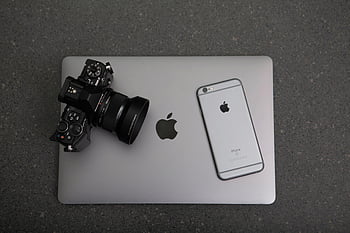 dslr κάμερα, macbook, iphone, μοντέρνα τεχνολογία, επιφάνεια, υψηλής γωνίας, βασικά τεχνολογικά, μαύρο φόντο, γκρο πλαν, φωτογραφικό εξοπλισμό, ηλεκτρονικές συσκευές