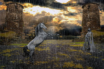 horse, skeletons, knight, castle, raining, statue, gate, ruins, landscape, lighting, storm